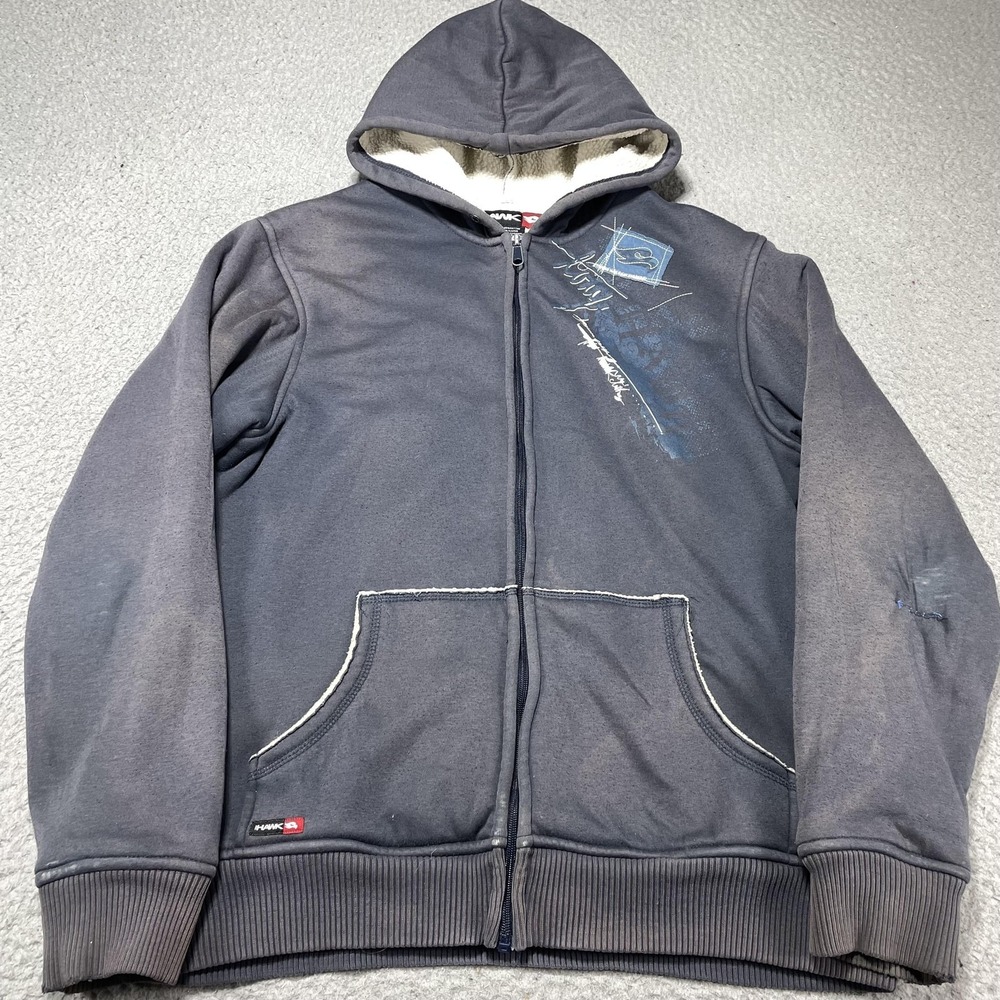 Hawk Hoodie Mens Medium Gray Graphic Full Zip Sherpa Lined‎ Fleece Sweatshirt
